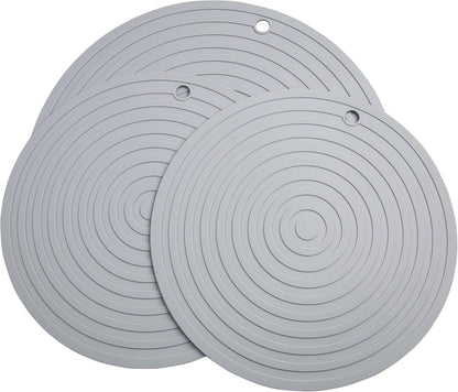 Silicone Trivets Mats for Pots and Pans, Heat Resistant Pot Holders, Flexible Hot Pads for Kitchen Table, Non Slip Mats, Dia11.81 and 9.45 Inches Big Round Microwave Mats Pack 3 White
