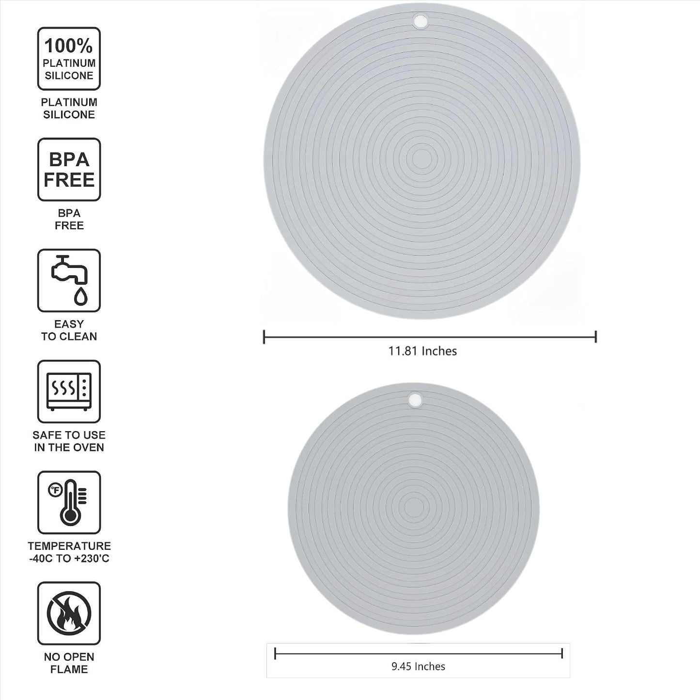 Silicone Trivets Mats for Pots and Pans, Heat Resistant Pot Holders, Flexible Hot Pads for Kitchen Table, Non Slip Mats, Dia11.81 and 9.45 Inches Big Round Microwave Mats Pack 3 White