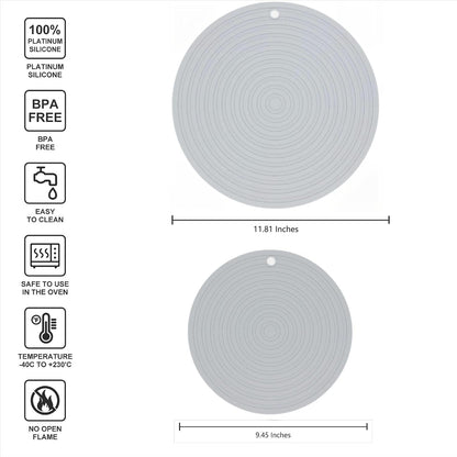 Silicone Trivets Mats for Pots and Pans, Heat Resistant Pot Holders, Flexible Hot Pads for Kitchen Table, Non Slip Mats, Dia11.81 and 9.45 Inches Big Round Microwave Mats Pack 3 White