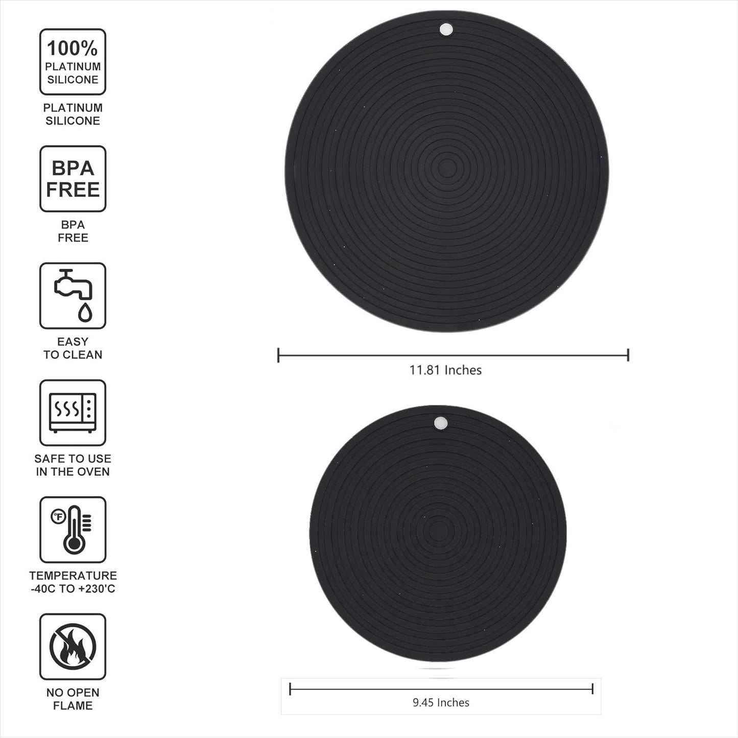 Silicone Trivets Mats for Pots and Pans, Heat Resistant Pot Holders, Flexible Hot Pads for Kitchen Table, Non Slip Mats, Dia11.81 and 9.45 Inches Big Round Microwave Mats Pack 3 White