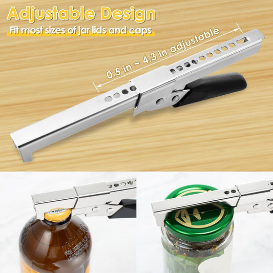 2 Pack Adjustable Jar Can Opener for Seniors Weak Hands, 7.5 Inch | Fits 0.5 to 4.3in Lids, Leveraged Easy Twist, Stainless Steel, Soft Cushion Grip, For Seniors Arthritis, Kids Openers