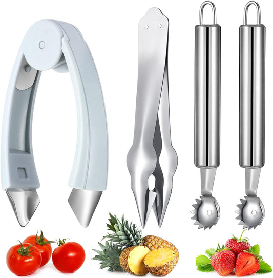 4-Piece Strawberry Huller & Tomato Corer Set - Stem Remover Tool for Strawberry, Potato, Pineapple