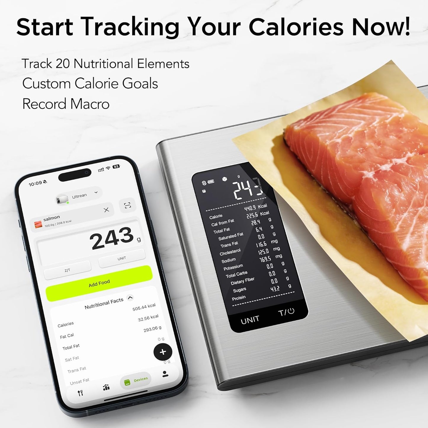Smart Food Kitchen Scale with Nutritional Calculator, APP for Calorie & Macro Tracking, AI Powered, Goal Progress, Digital Calorie Scale for Weight Loss, Stainless Steel, 22lb