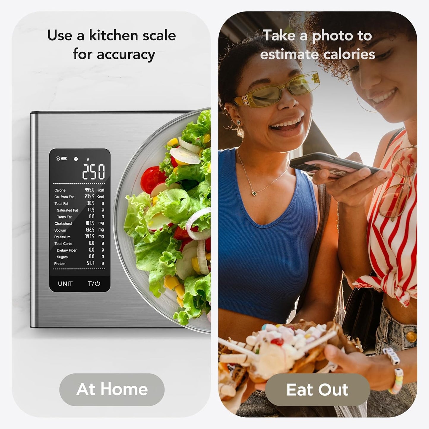 Smart Food Kitchen Scale with Nutritional Calculator, APP for Calorie & Macro Tracking, AI Powered, Goal Progress, Digital Calorie Scale for Weight Loss, Stainless Steel, 22lb