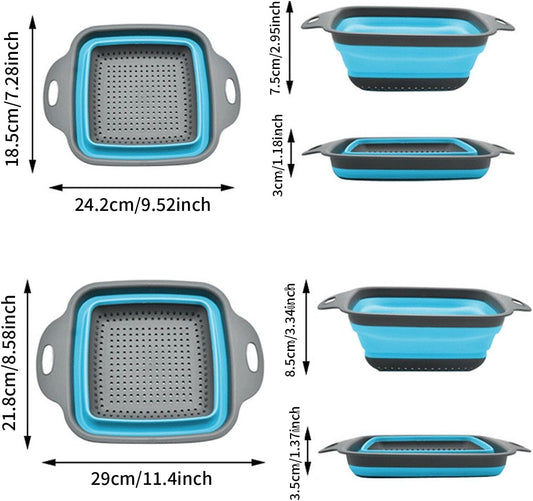 2 PCS Collapsible Colander, Collapsible Strainers for Kitchen, 11.5 inch Silicone Strainer and 9.5 inch Silicone Colander for Draining Vegetable fruit, Kitchen Food Strainer, Blue (Blue)