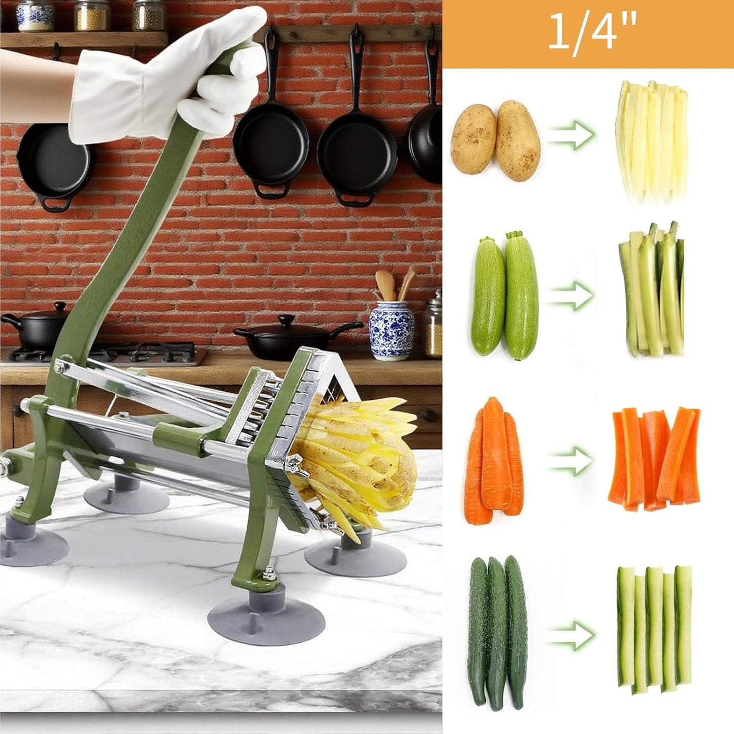 French Fry Cutter, Commercial Potato Slicer with Suction Feet,Great for Potato, French Fries, Cucumber, Vegetables, Carrot (Green- 3/8 Inch Blade)