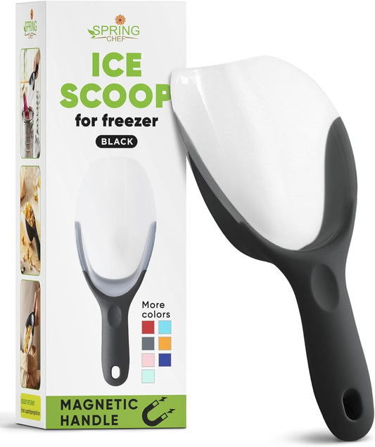 Magnetic Ice Scoop for Freezer, BPA-Free Food Scooper, Black | Flexi-Plastic Popcorn Scoop with Soft Grip Handle - Dishwasher Safe Ice Scooper - Food Scooper for Flour, Grains, Pet Food