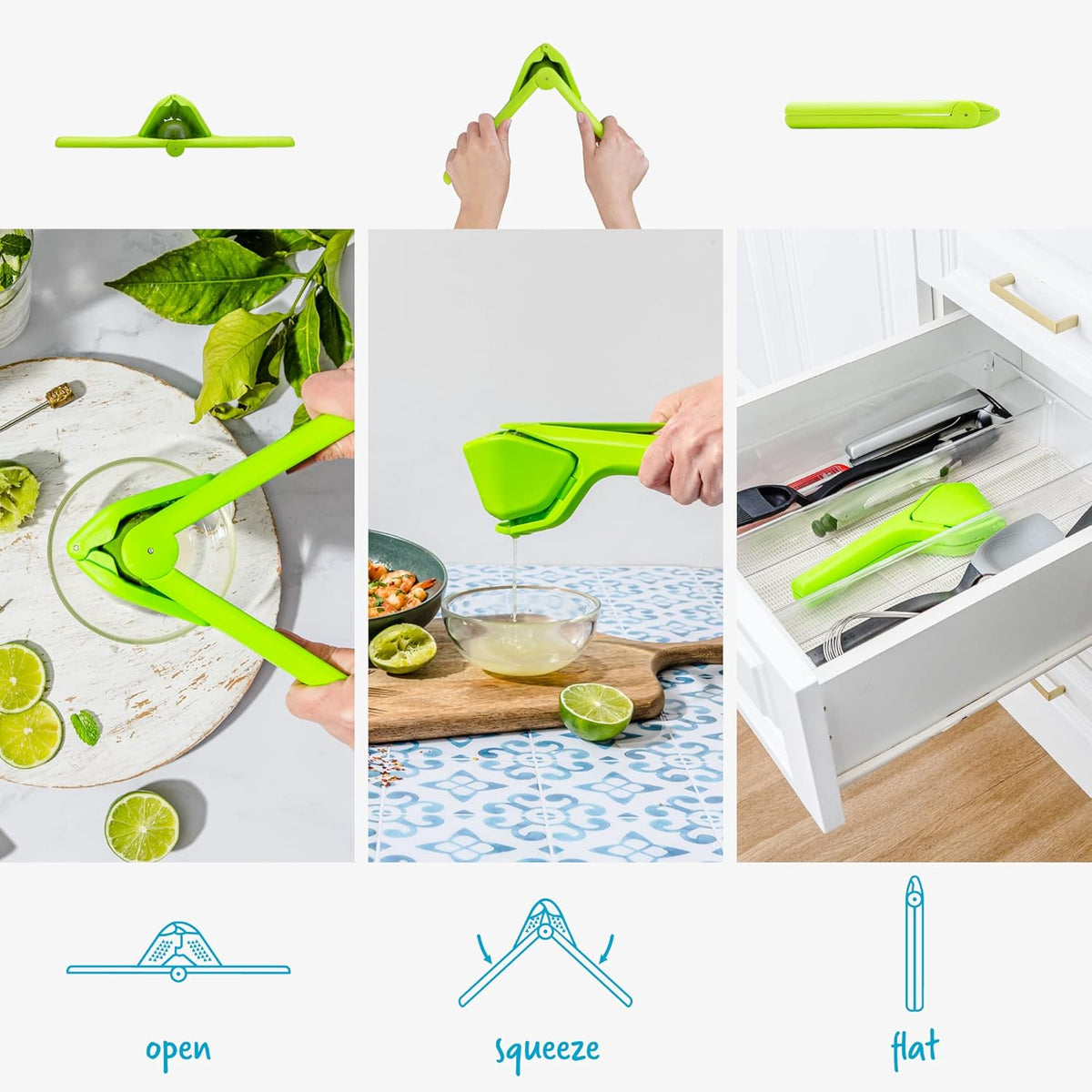 Fluicer Fold-Flat Citrus Juicer - Lemon Easy, manual fresh lemon juice squeezer with pip catcher, suits lemons and limes, compact storage, 10"