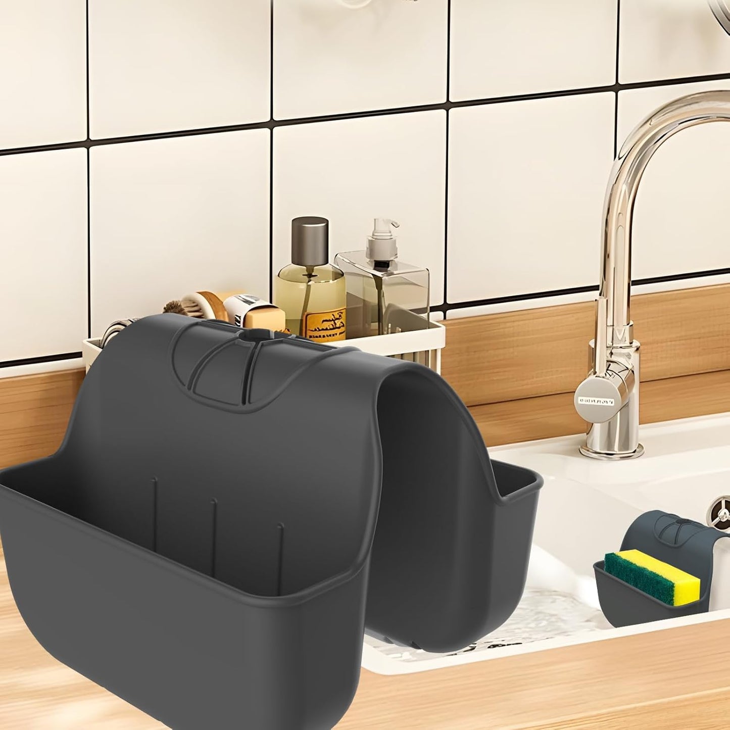 Sponge Holder for Kitchen Sink, Silicone Sink Saddle Caddy Organizer Rack, Sponges Holder Over Faucet, Hanging Kitchen Organizer Accessories Rack Basket - Dark Gray