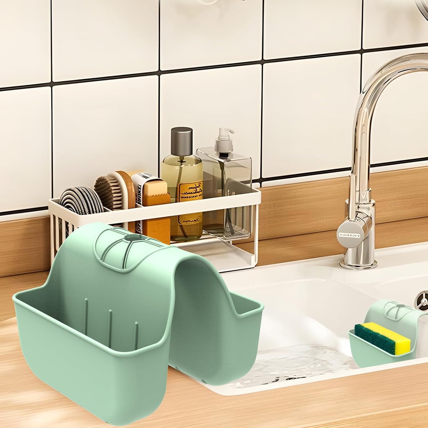 Sponge Holder for Kitchen Sink, Silicone Sink Saddle Caddy Organizer Rack, Sponges Holder Over Faucet, Hanging Kitchen Organizer Accessories Rack Basket - Dark Gray
