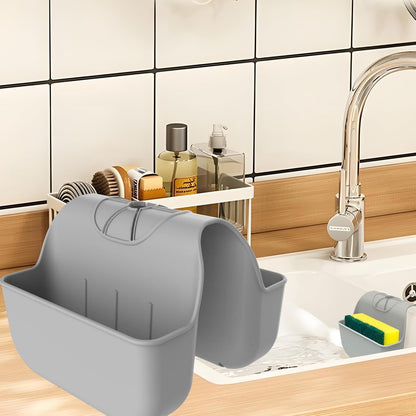 Sponge Holder for Kitchen Sink, Silicone Sink Saddle Caddy Organizer Rack, Sponges Holder Over Faucet, Hanging Kitchen Organizer Accessories Rack Basket - Dark Gray