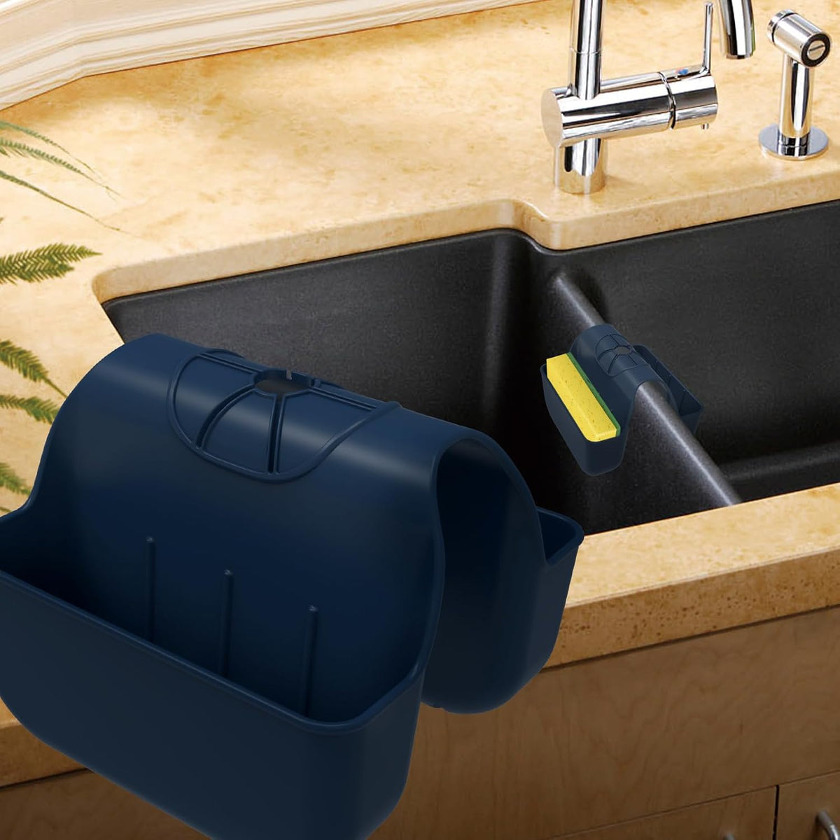 Sponge Holder for Kitchen Sink, Silicone Sink Saddle Caddy Organizer Rack, Sponges Holder Over Faucet, Hanging Kitchen Organizer Accessories Rack Basket - Dark Gray