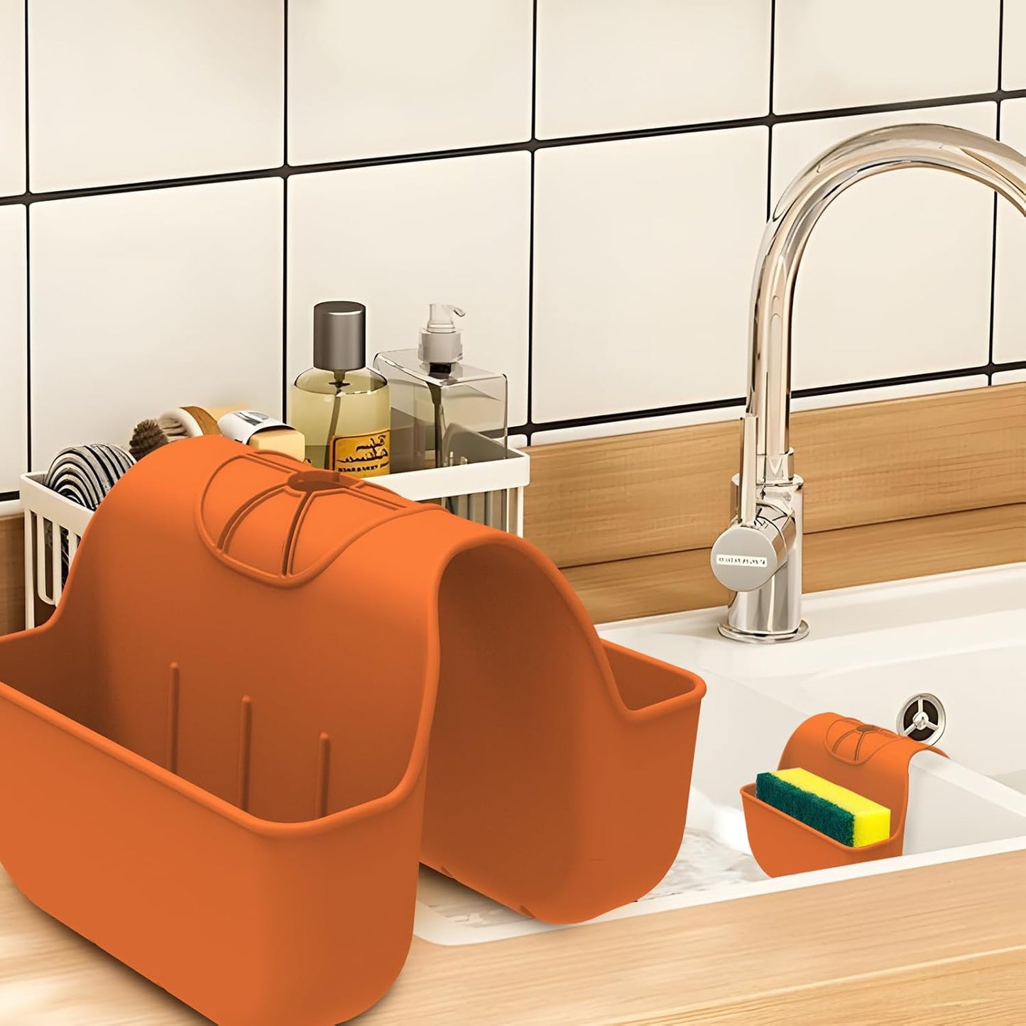 Sponge Holder for Kitchen Sink, Silicone Sink Saddle Caddy Organizer Rack, Sponges Holder Over Faucet, Hanging Kitchen Organizer Accessories Rack Basket - Dark Gray