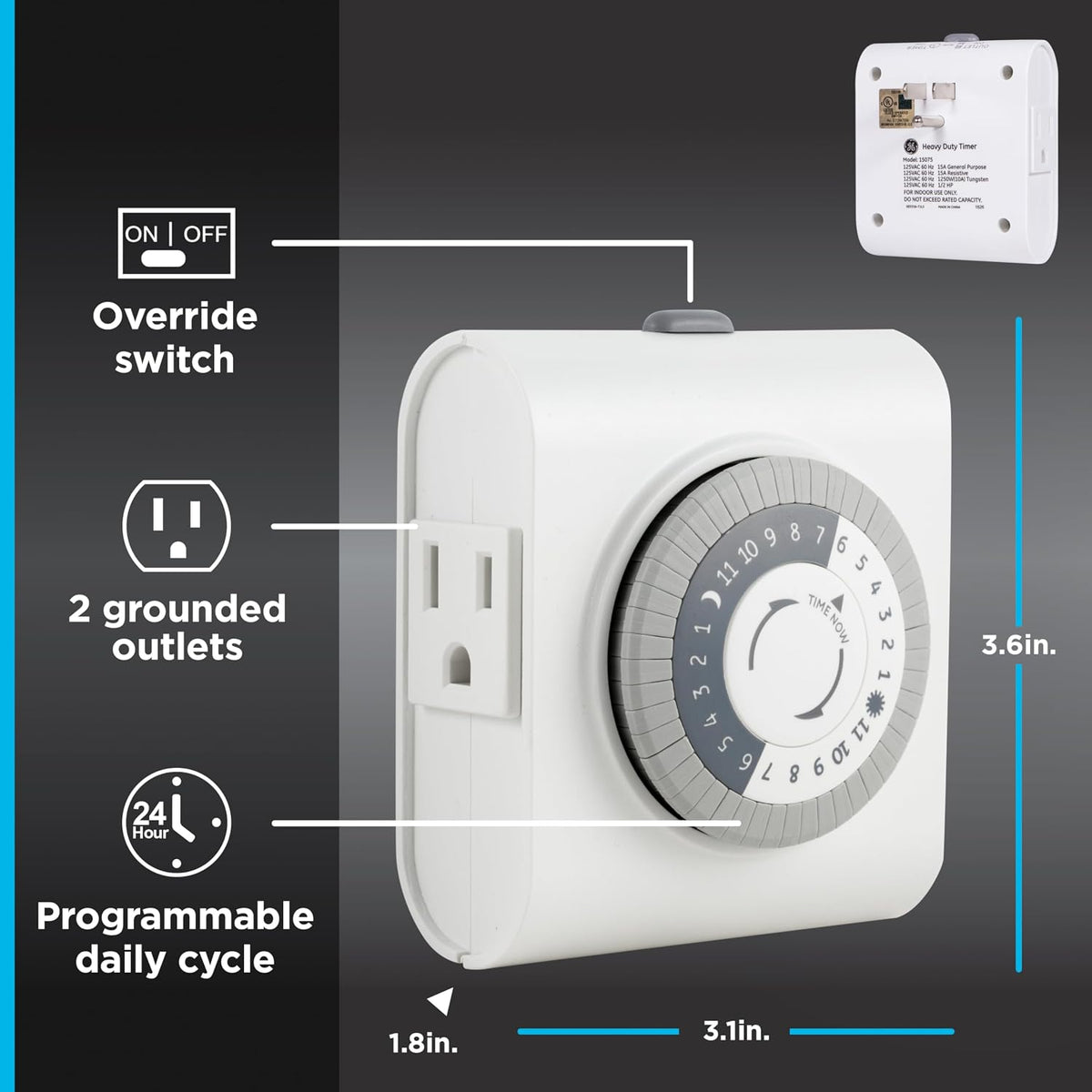 24‑Hour Plug-in Mechanical Timer Outlet, 2 Grounded Outlets