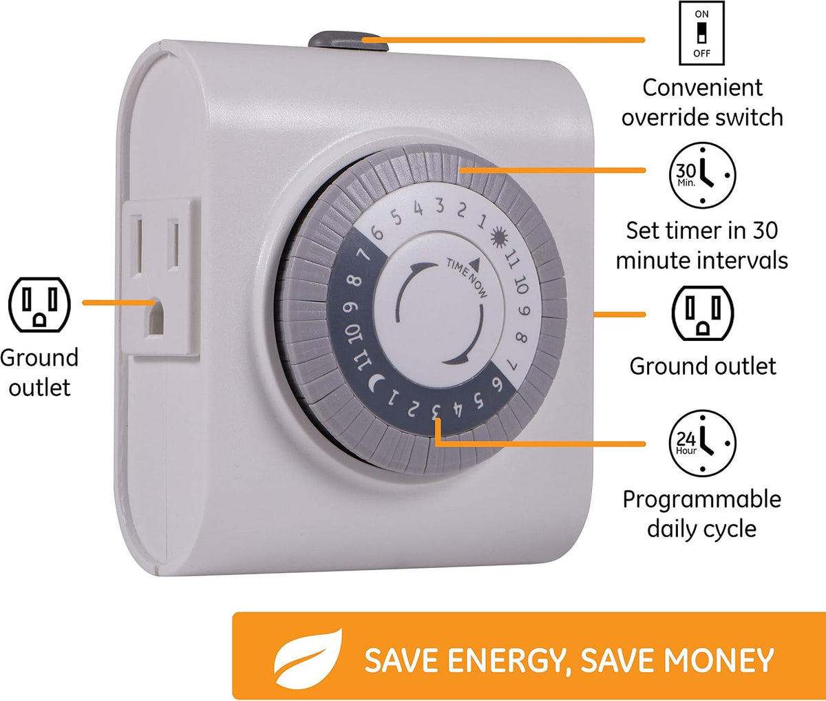 24‑Hour Plug-in Mechanical Timer Outlet, 2 Grounded Outlets