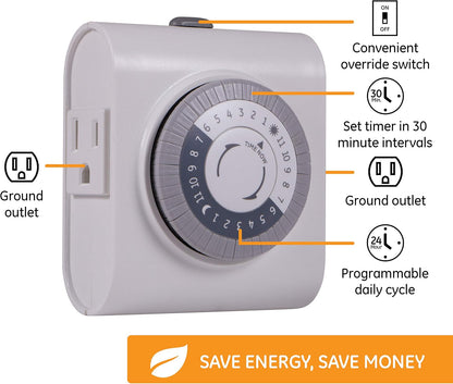 24‑Hour Plug-in Mechanical Timer Outlet, 2 Grounded Outlets