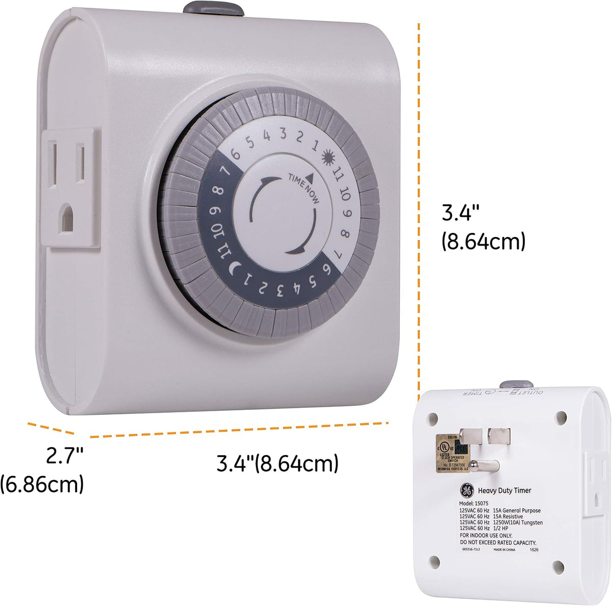 24‑Hour Plug-in Mechanical Timer Outlet, 2 Grounded Outlets
