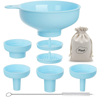 Wide Mouth Funnel for Kitchen Use for Filling Bottles with Bags | Food Grade Plastic, BPA Free, 5 Sizes Mouth, 2 Strainers, Rotating Screw Design, Easy to Clean, Dishwasher Safe