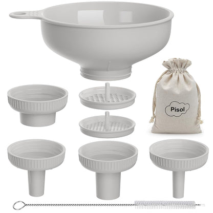 Wide Mouth Funnel for Kitchen Use for Filling Bottles with Bags | Food Grade Plastic, BPA Free, 5 Sizes Mouth, 2 Strainers, Rotating Screw Design, Easy to Clean, Dishwasher Safe
