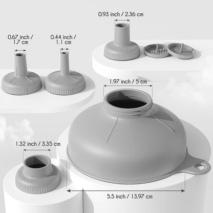Wide Mouth Funnel for Kitchen Use for Filling Bottles with Bags | Food Grade Plastic, BPA Free, 5 Sizes Mouth, 2 Strainers, Rotating Screw Design, Easy to Clean, Dishwasher Safe