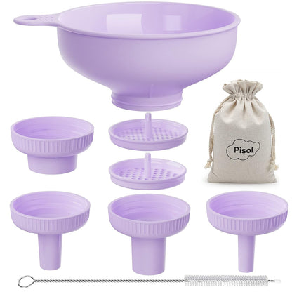 Wide Mouth Funnel for Kitchen Use for Filling Bottles with Bags | Food Grade Plastic, BPA Free, 5 Sizes Mouth, 2 Strainers, Rotating Screw Design, Easy to Clean, Dishwasher Safe