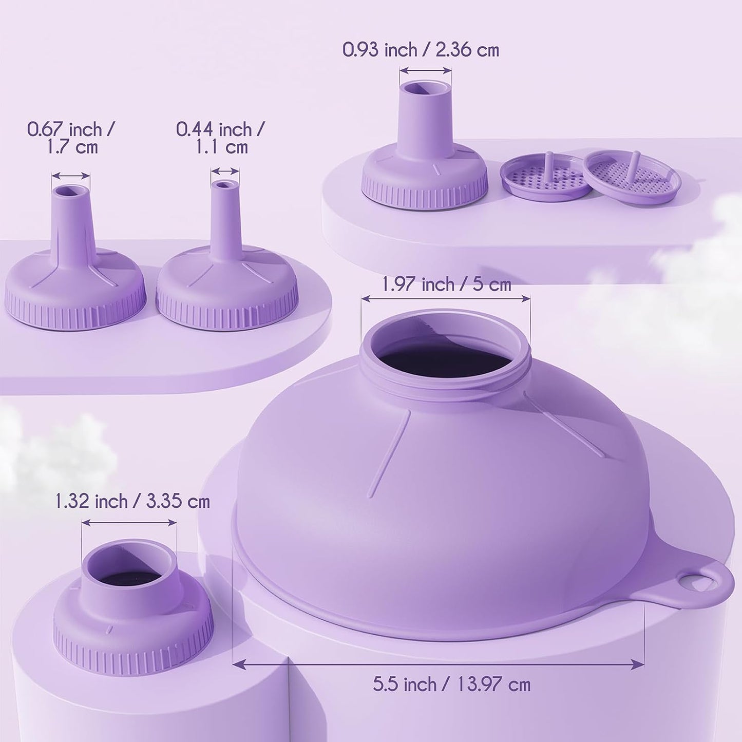 Wide Mouth Funnel for Kitchen Use for Filling Bottles with Bags | Food Grade Plastic, BPA Free, 5 Sizes Mouth, 2 Strainers, Rotating Screw Design, Easy to Clean, Dishwasher Safe