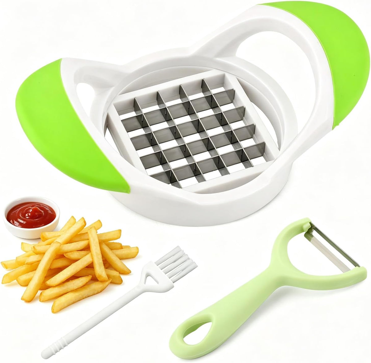 3‑Pcs French Fry Cutter Set, Stainless Steel Fast Vegetable Potato Slicer