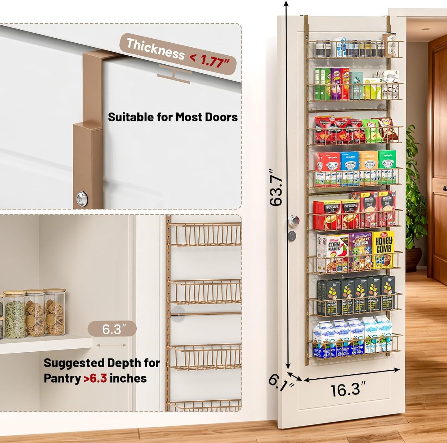 8-Tier Pantry Door Oragnizer, Over The Door Pantry Organizer Rack and Storage, Hanging Spice Rack Shelves Door, Home Office Laundry Room Bathroom & Kitchen Organization Essentials Metal