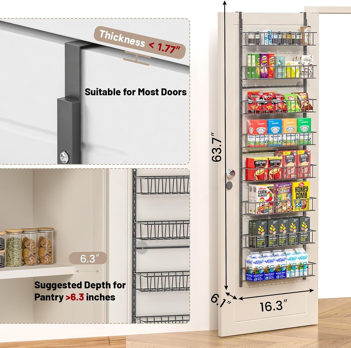 8-Tier Pantry Door Oragnizer, Over The Door Pantry Organizer Rack and Storage, Hanging Spice Rack Shelves Door, Home Office Laundry Room Bathroom & Kitchen Organization Essentials Metal