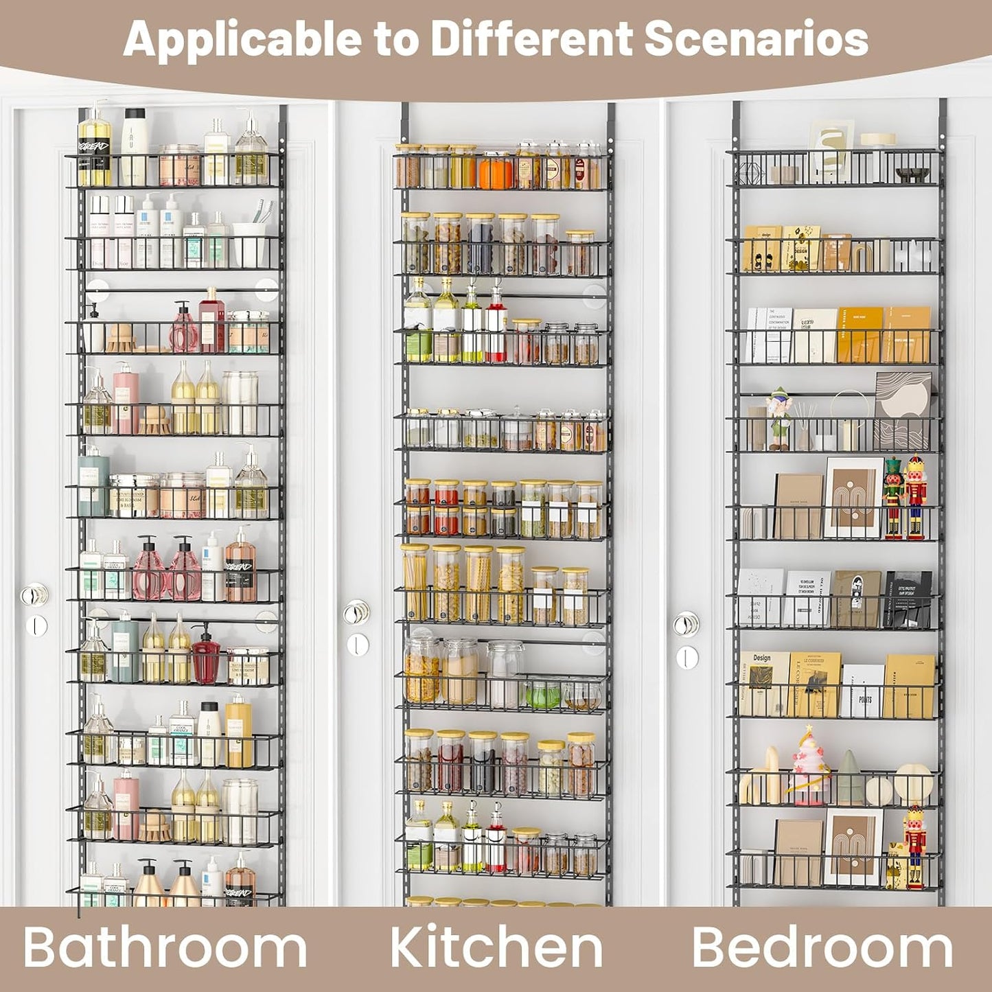 8-Tier Pantry Door Oragnizer, Over The Door Pantry Organizer Rack and Storage, Hanging Spice Rack Shelves Door, Home Office Laundry Room Bathroom & Kitchen Organization Essentials Metal