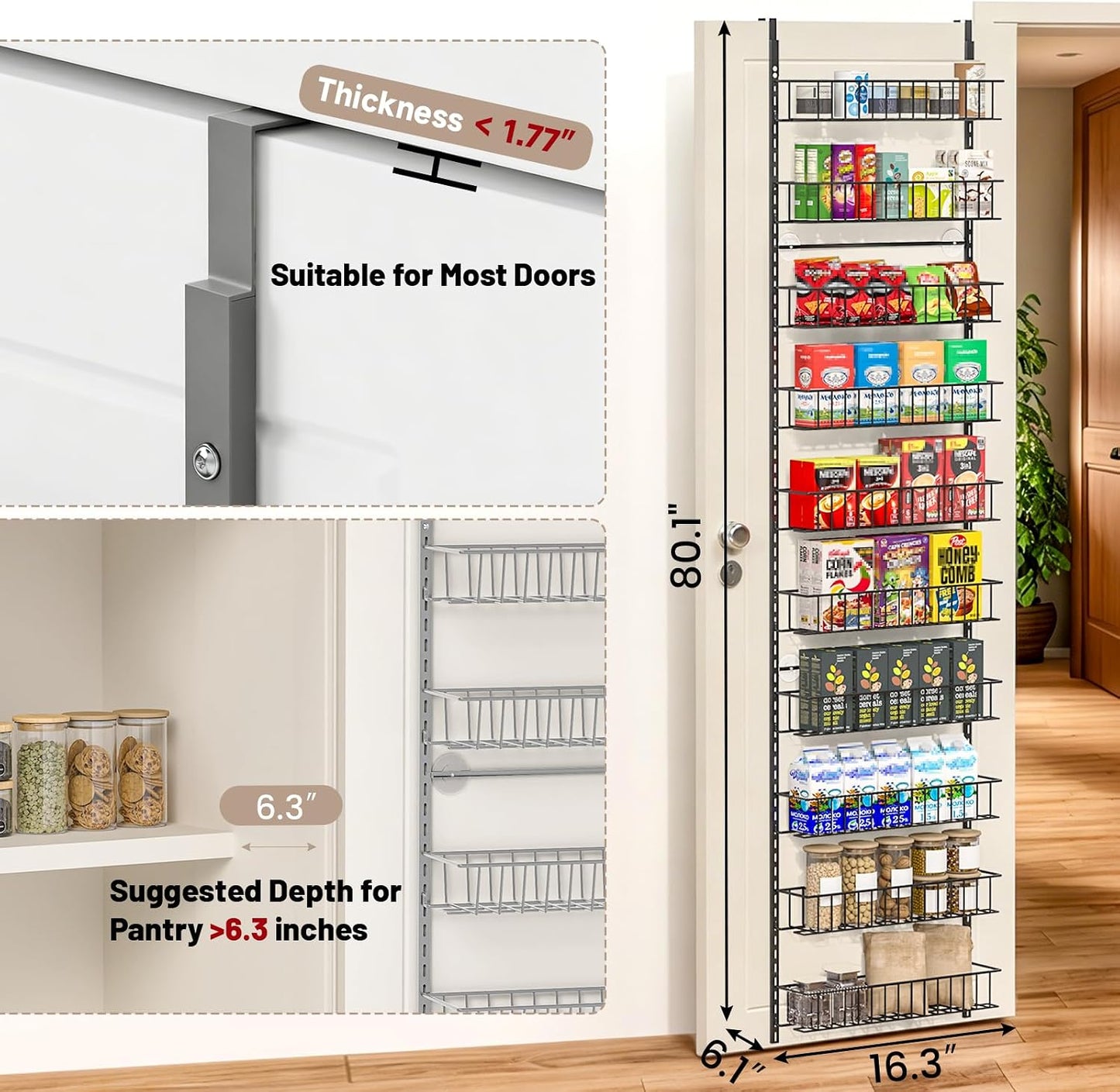 8-Tier Pantry Door Oragnizer, Over The Door Pantry Organizer Rack and Storage, Hanging Spice Rack Shelves Door, Home Office Laundry Room Bathroom & Kitchen Organization Essentials Metal