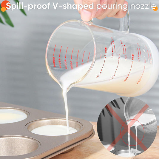 2 Cup Glass Measuring Cup with Handle, High Borosilicate Glass Measuring Cup with V-Shaped and Three Scales (Cup, OZ, ML), Glass Liquid Beaker with Silicone Base, Double-Sided Measure Scales