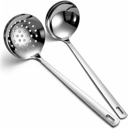 Slotted Spoons and Kitchen Ladle Spoon Set 2 Pcs, Stainless Steel Kitchen Spider Strainer Skimmer Soup Ladle for Straining Pasta/Cooking/Frying, Serving Soup/Gravy, Metal Kitchen Utensils