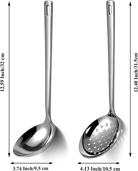 Slotted Spoons and Kitchen Ladle Spoon Set 2 Pcs, Stainless Steel Kitchen Spider Strainer Skimmer Soup Ladle for Straining Pasta/Cooking/Frying, Serving Soup/Gravy, Metal Kitchen Utensils