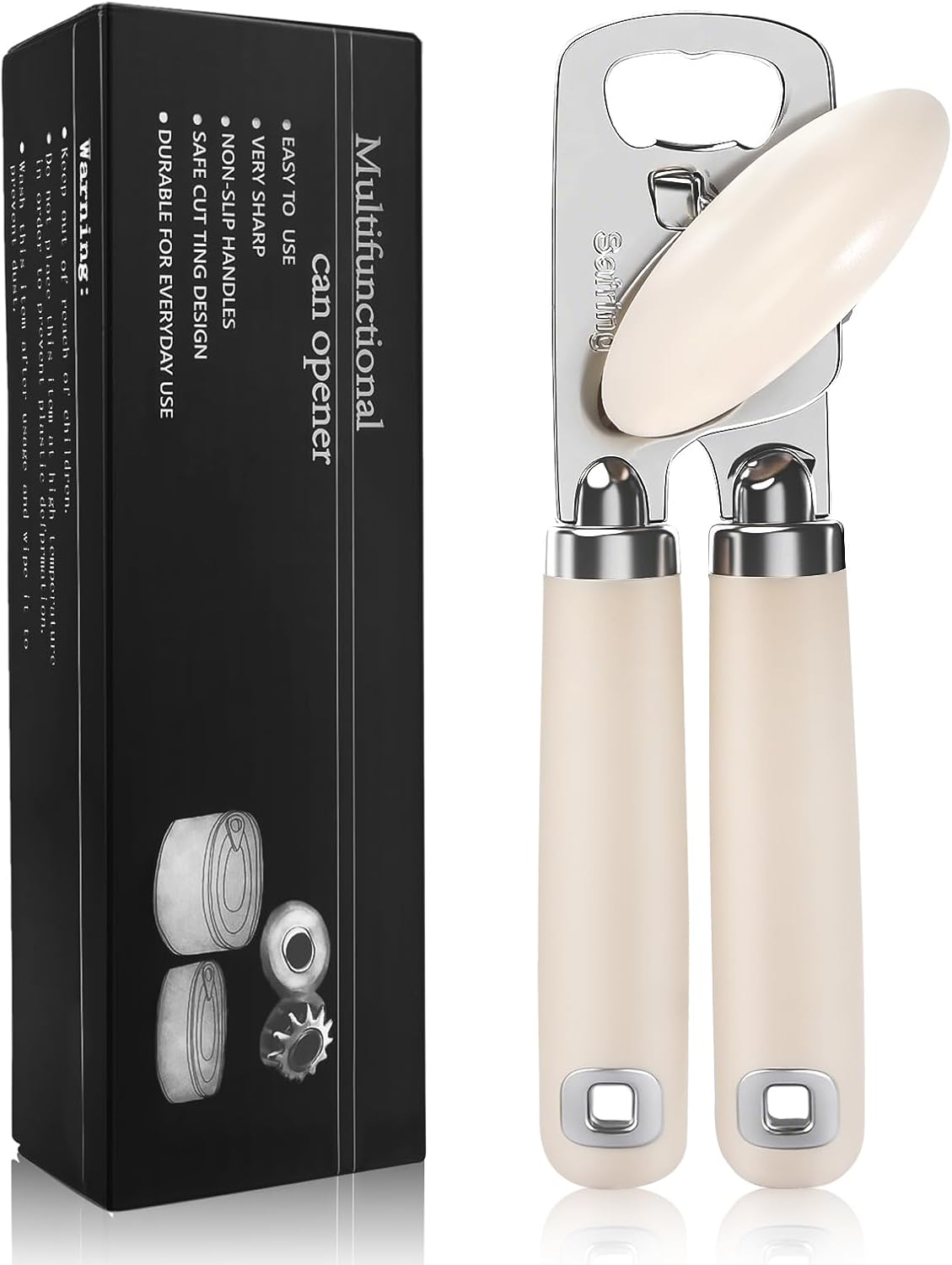 Can Opener Manual, Heavy Duty Stainless Steel Smooth Edge Can Openers With Soft Touch Handle, Oversized Handheld Easy Turn Knob, Multi-Function Bottle Opener, Black