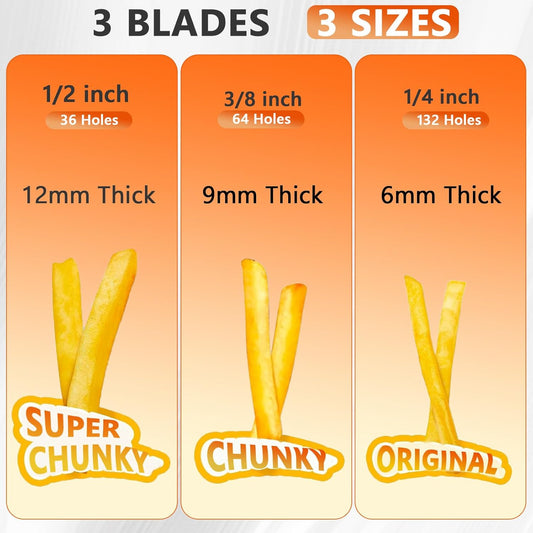 French Fry Cutter, Heavy Duty Potato Slice, Stainless Steel Blades with 1/2 Inch, 3/8 Inch and 1/4 Inch Blades for Whole Potatoes Carrots Cucumbers Carrot,Yam