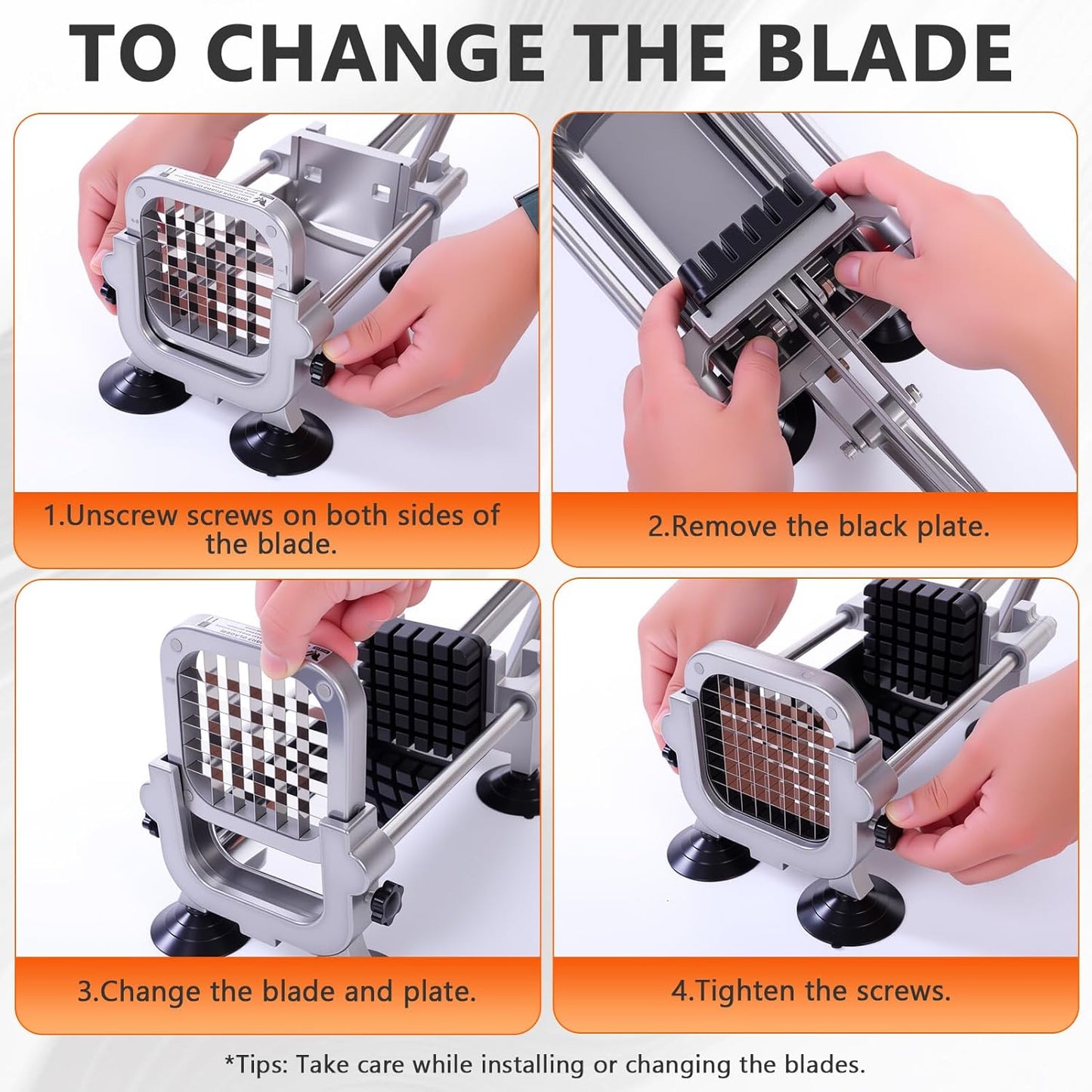 French Fry Cutter, Heavy Duty Potato Slice, Stainless Steel Blades with 1/2 Inch, 3/8 Inch and 1/4 Inch Blades for Whole Potatoes Carrots Cucumbers Carrot,Yam