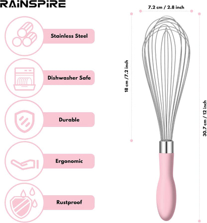 12-Inch Wire Whisk Stainless Steel, Balloon Whisks for Cooking, Wisk Wisking Tool With Soft Silicone Handle, Thick Durable Whisker for Blending, Beating, Whisking, Stirring, Pink