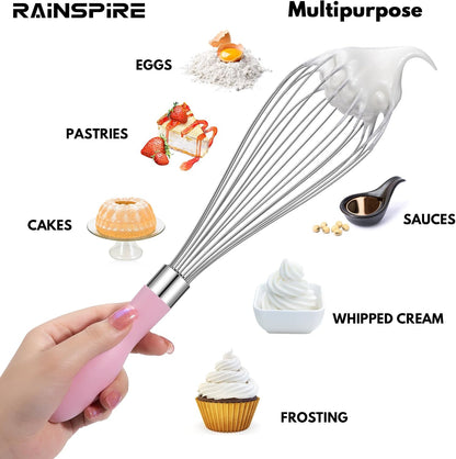 12-Inch Wire Whisk Stainless Steel, Balloon Whisks for Cooking, Wisk Wisking Tool With Soft Silicone Handle, Thick Durable Whisker for Blending, Beating, Whisking, Stirring, Pink