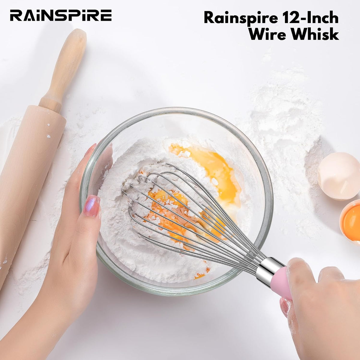 12-Inch Wire Whisk Stainless Steel, Balloon Whisks for Cooking, Wisk Wisking Tool With Soft Silicone Handle, Thick Durable Whisker for Blending, Beating, Whisking, Stirring, Pink