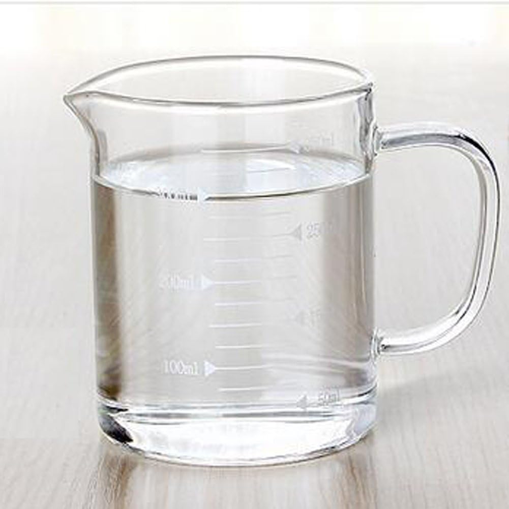 Borosilicate Glass Measuring Cup 350 mL with Spout and Handle Clear | Food-Grade Construction, Raised Numeric Graduations, 10 cm Tall, 7 cm Diameter, for Cooking, Drinking and Measuring