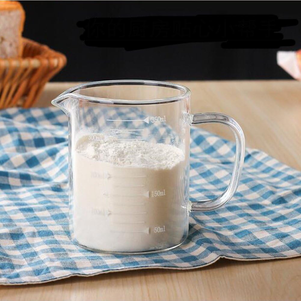 Borosilicate Glass Measuring Cup 350 mL with Spout and Handle Clear | Food-Grade Construction, Raised Numeric Graduations, 10 cm Tall, 7 cm Diameter, for Cooking, Drinking and Measuring