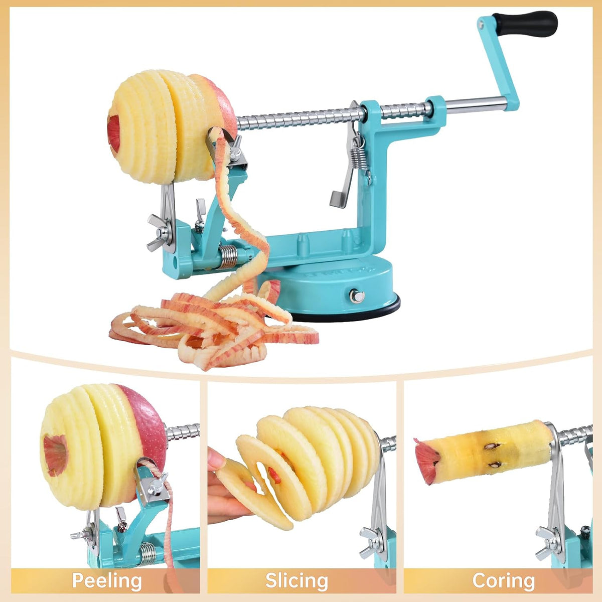 Apple Peeler Slicer Corer with Stainless Steel Blades and Powerful Suction Base for Apples Pears Potatoes(Red)