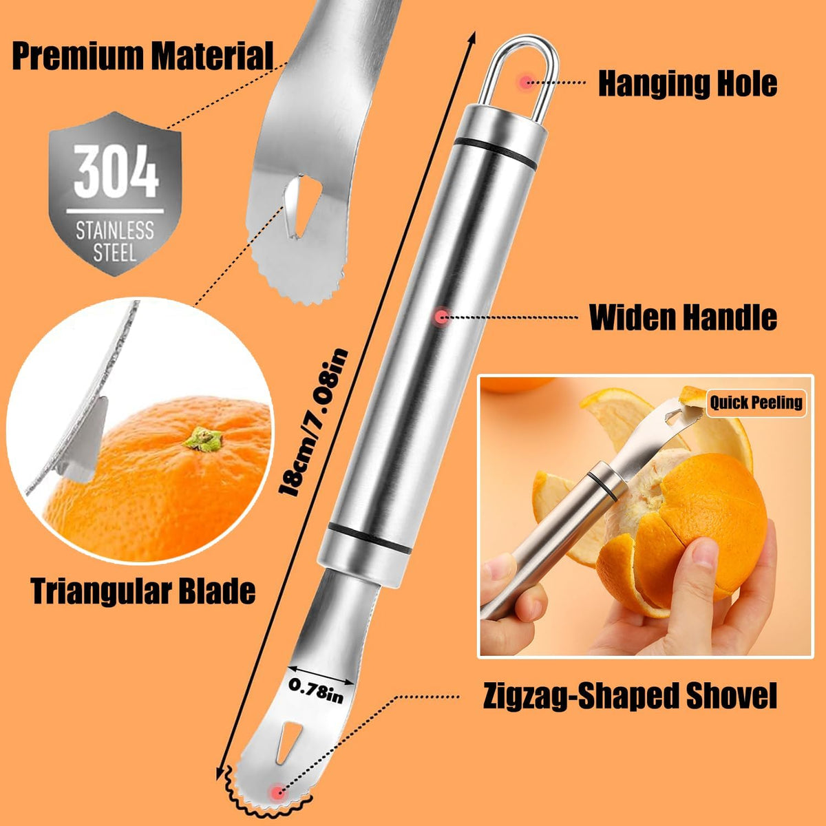 Stainless Steel Orange Peeler Easy and Quick Peeling Long Handle Orange Citrus Peeler Tool Triangle Shovel and Serrated Shovel Orange Peeler Creative Kitchen Gadgets