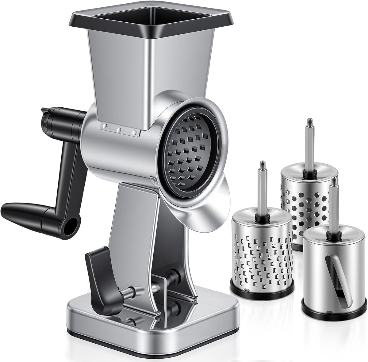 Stainless Steel Rotary Cheese Grater with 3 Interchangeable Drum Blades