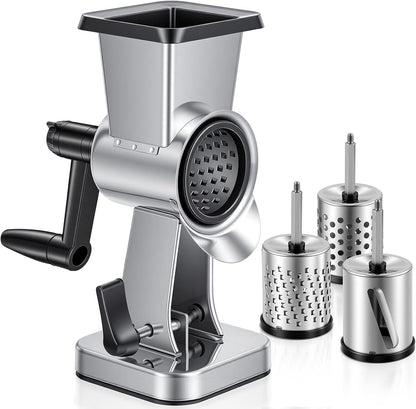 Stainless Steel Rotary Cheese Grater with 3 Interchangeable Drum Blades