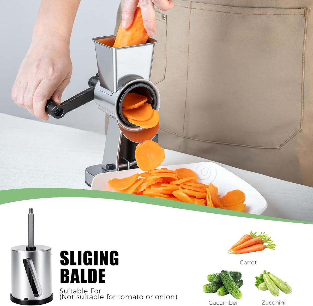 Stainless Steel Rotary Cheese Grater with 3 Interchangeable Drum Blades