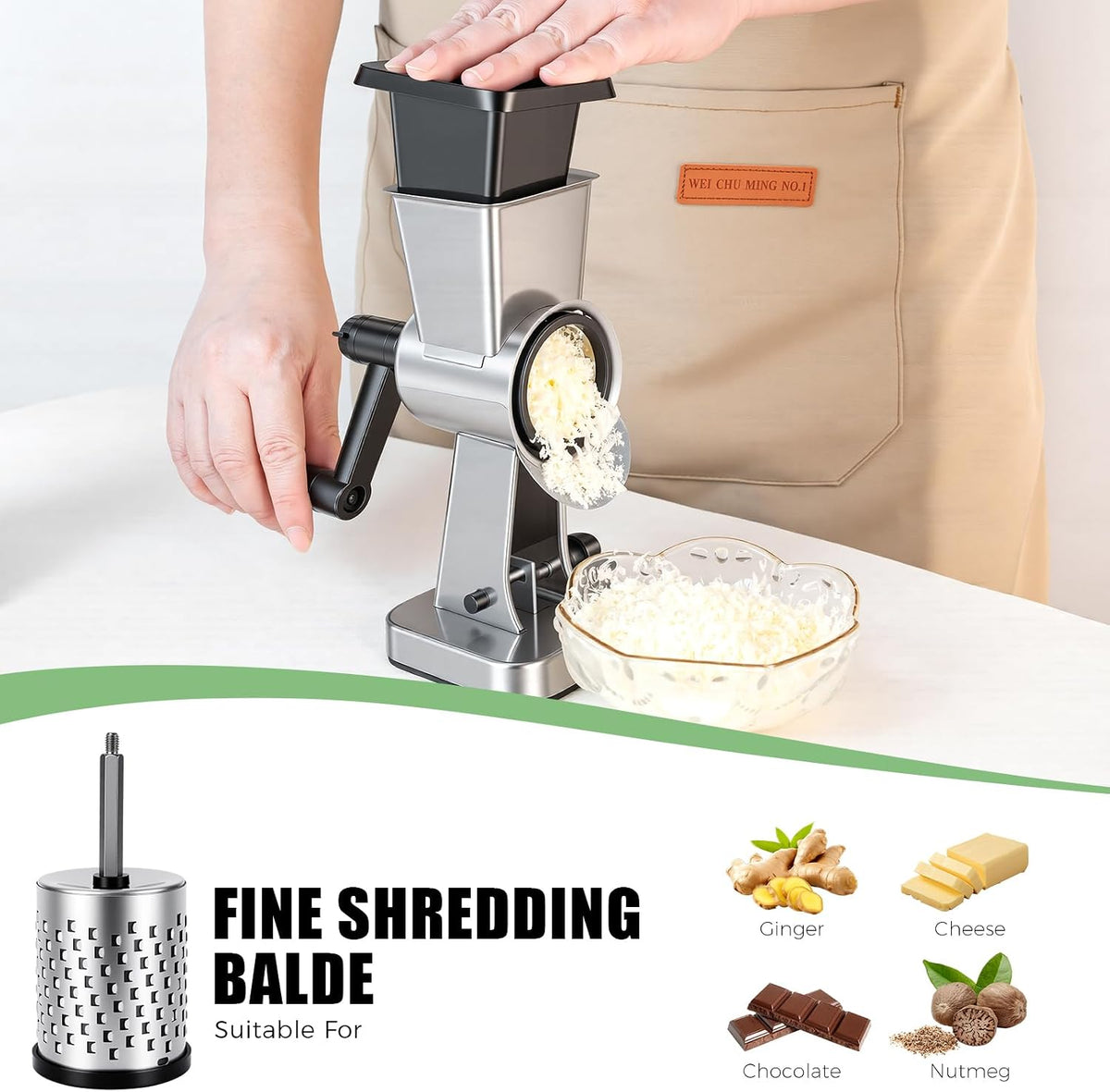 Stainless Steel Rotary Cheese Grater with 3 Interchangeable Drum Blades