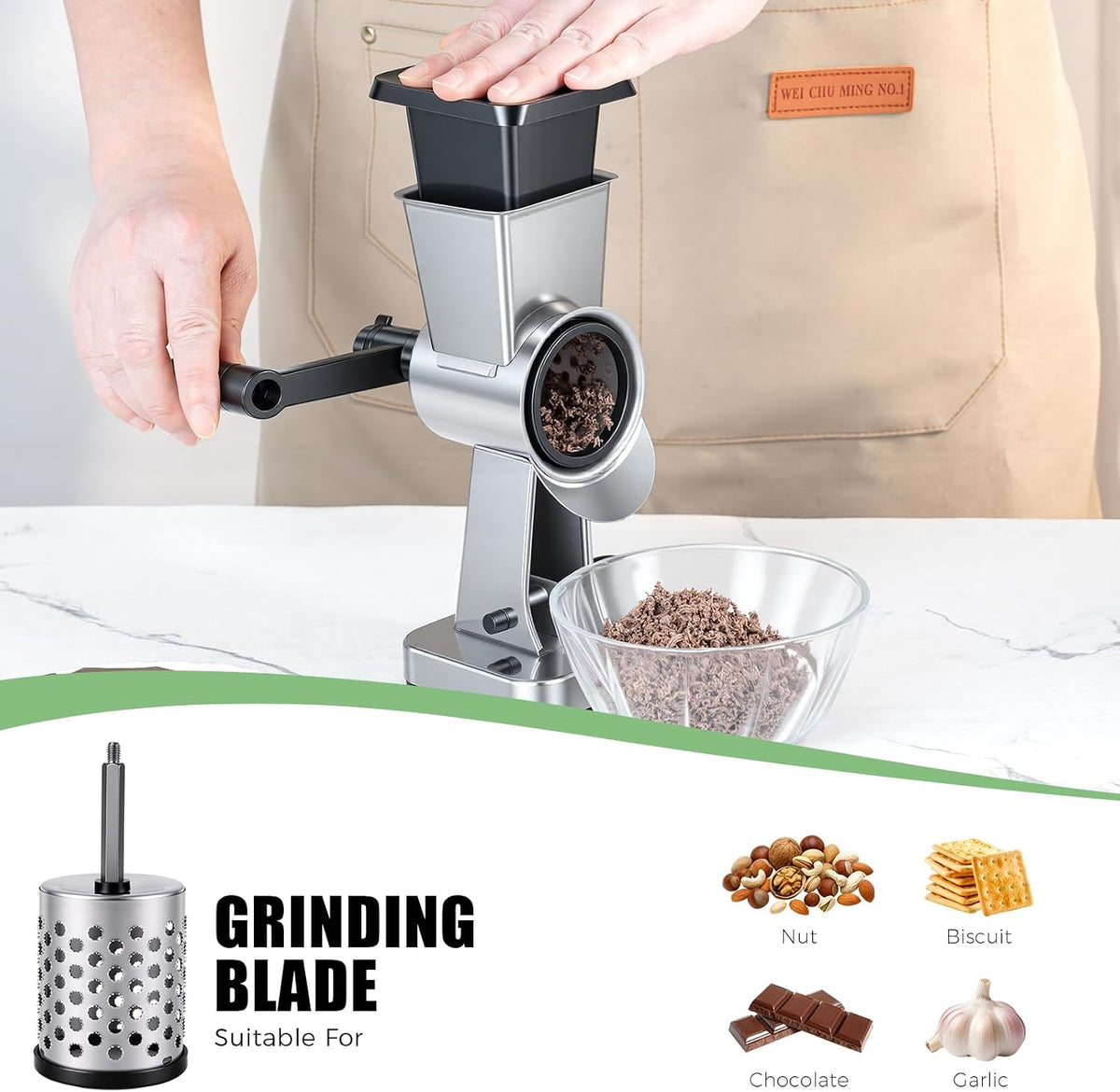 Stainless Steel Rotary Cheese Grater with 3 Interchangeable Drum Blades