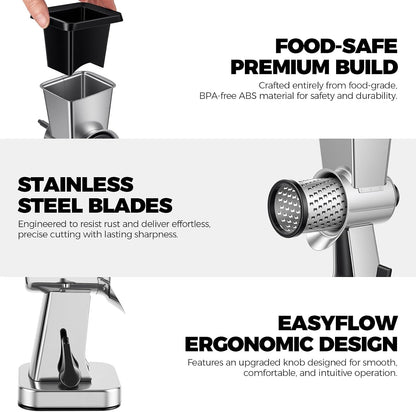 Stainless Steel Rotary Cheese Grater with 3 Interchangeable Drum Blades